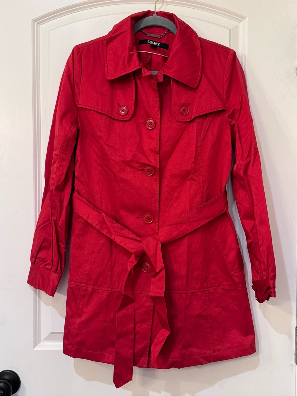 DKNY Red Belted Trench Coat with Button Front